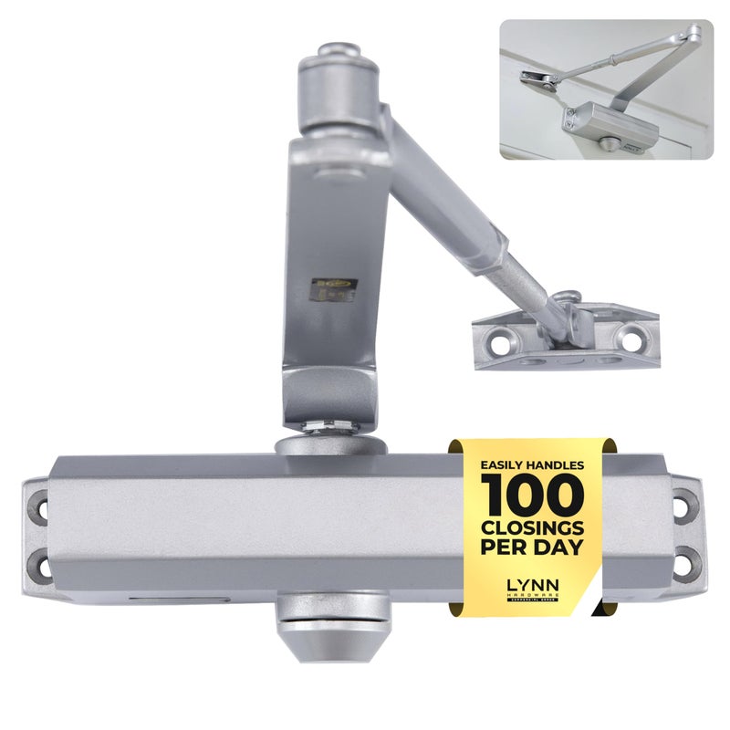 LYNN HARDWARE Medium Duty Automatic Door Closer (Silver) - Highly Durable Cast Aluminum, Commercial or Home Use, Adjustable Speed Controls, 3 Mounting Options, 3 Hour Fire Rated (DC6003 Model) - Image 1